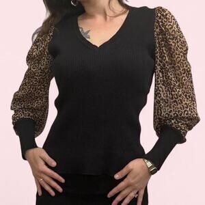DKNY Black Sweater w/ Leopard Sheer Puff Statement Sleeves Fran Drescher Bratz L